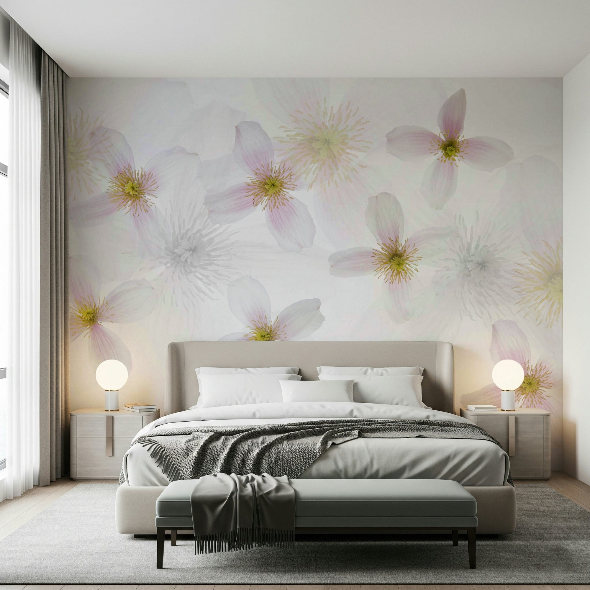 A beautiful soft focus floral wallpaper mural with delicate petals., GD5218