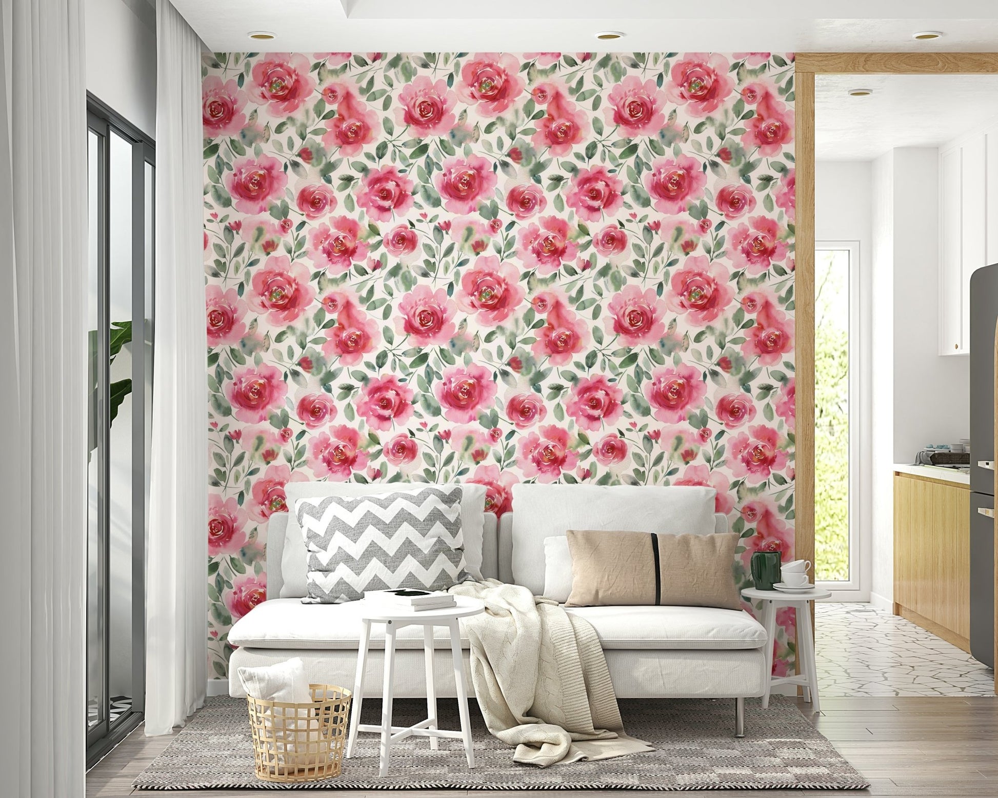Elegant floral wallpaper featuring soft red roses and greenery