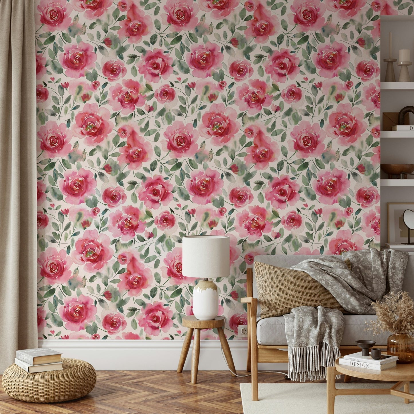 Soft Romantic Roses Watercolor Red Green Wallpaper⁠