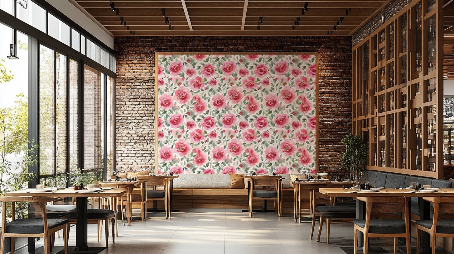 Watercolor roses wallpaper with romantic red and green tones, GD1299