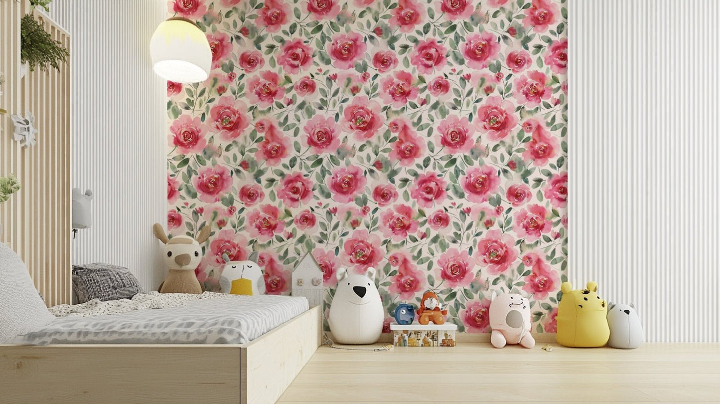 Romantic watercolor rose wallpaper in red and green palette

