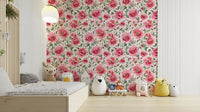 Romantic watercolor rose wallpaper in red and green palette

