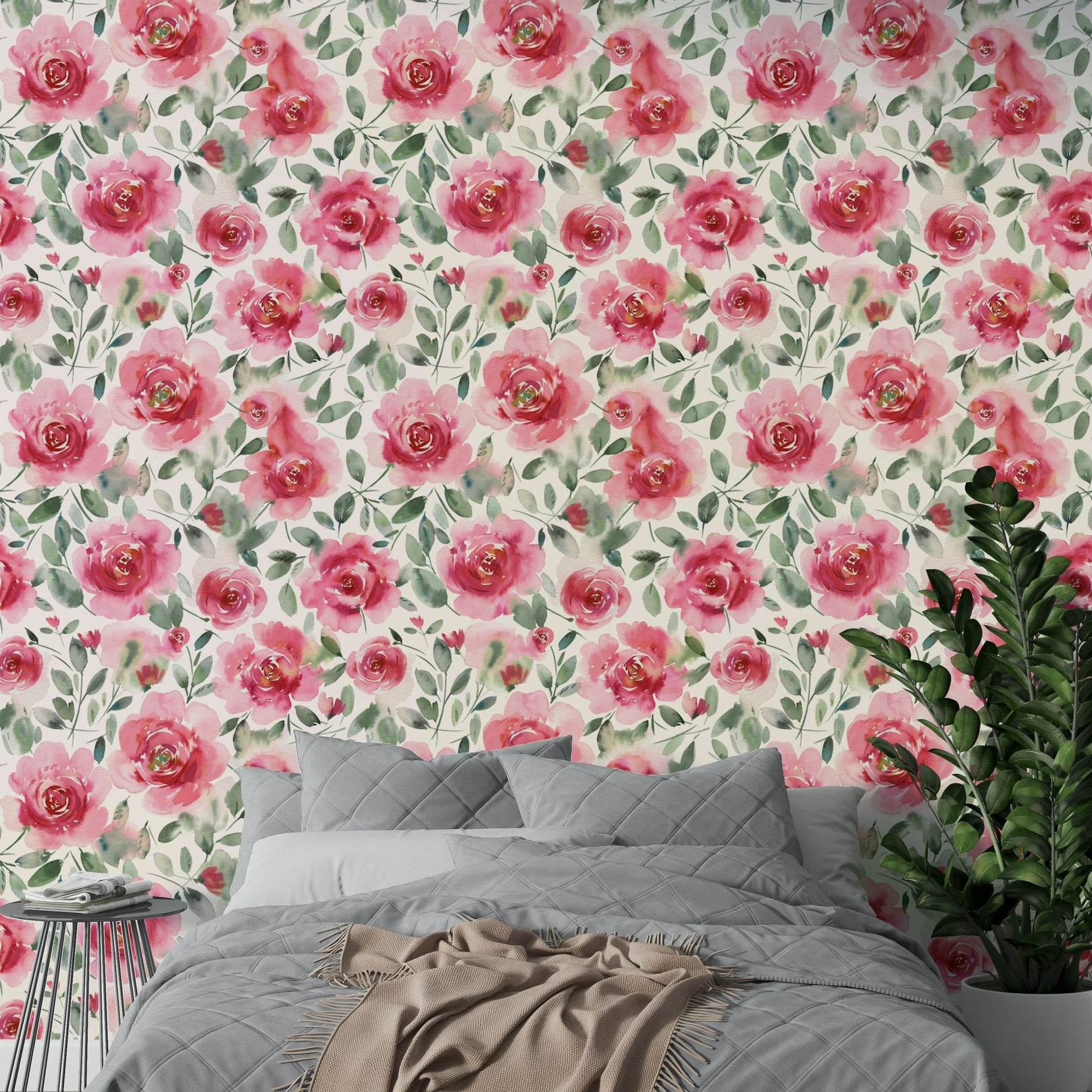 Delicate watercolor rose pattern in red and green hues

