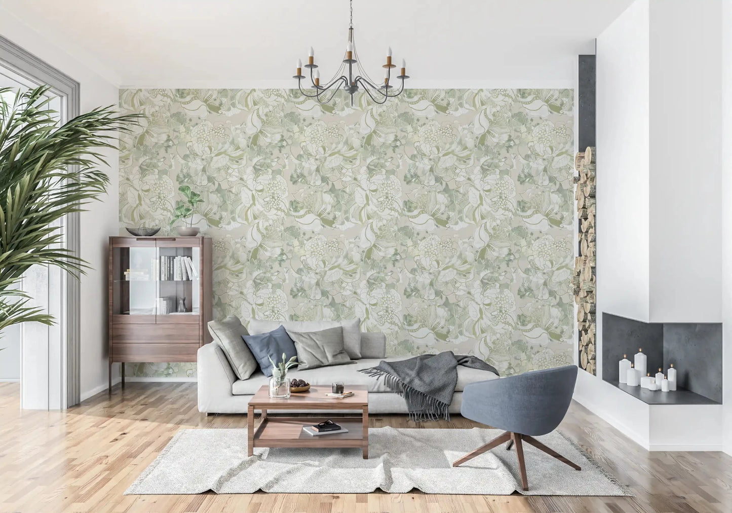 Calm living room with Soft Sage Green Peony Wallpaper and airy blooms