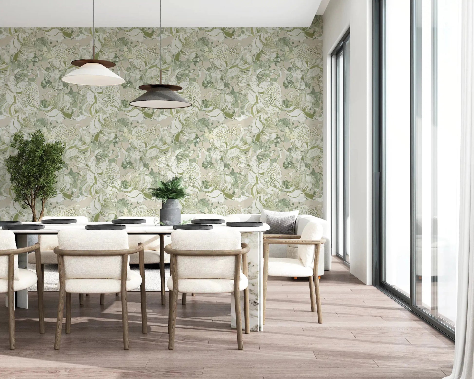 Pale sage florals shape Soft Sage Green Peony Wallpaper beautifully