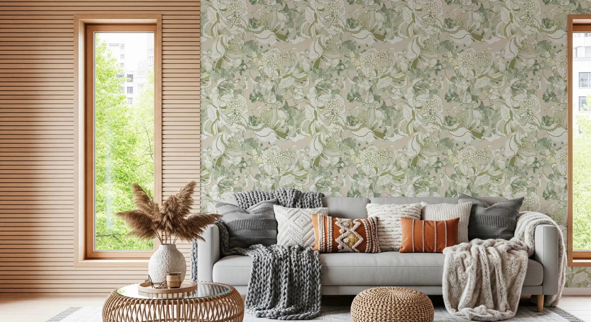 Fine botanical linework runs through Soft Sage Green Peony Wallpaper