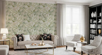 Bright hallway featuring Soft Sage Green Peony Wallpaper and floral repeat