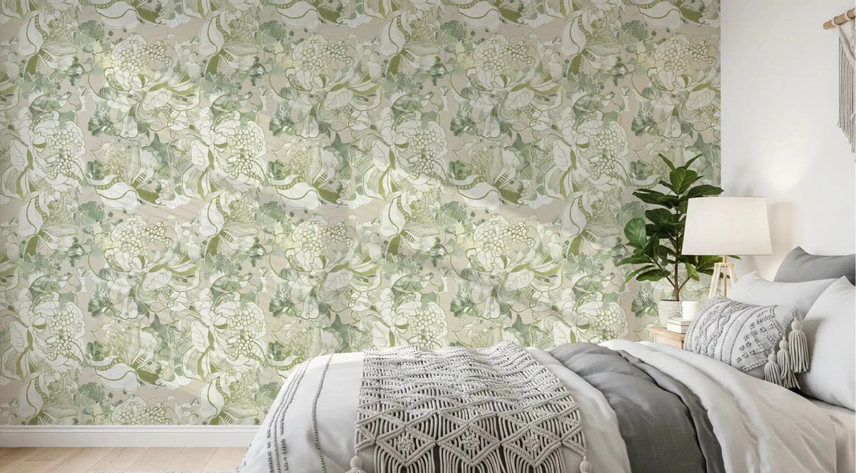 Serene bedroom styled in Soft Sage Green Peony Wallpaper with sage leaves, GD9485