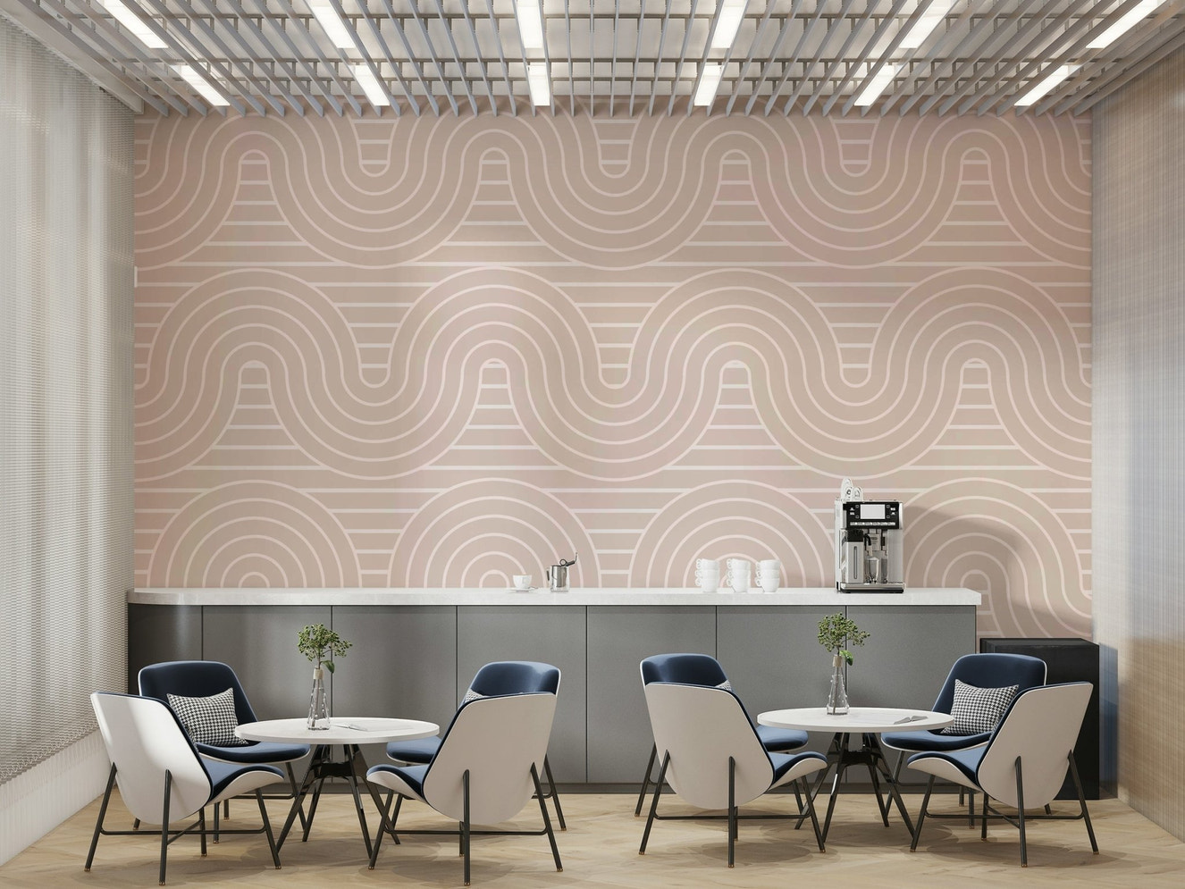 A peaceful wall mural with a modern, arch pattern.

