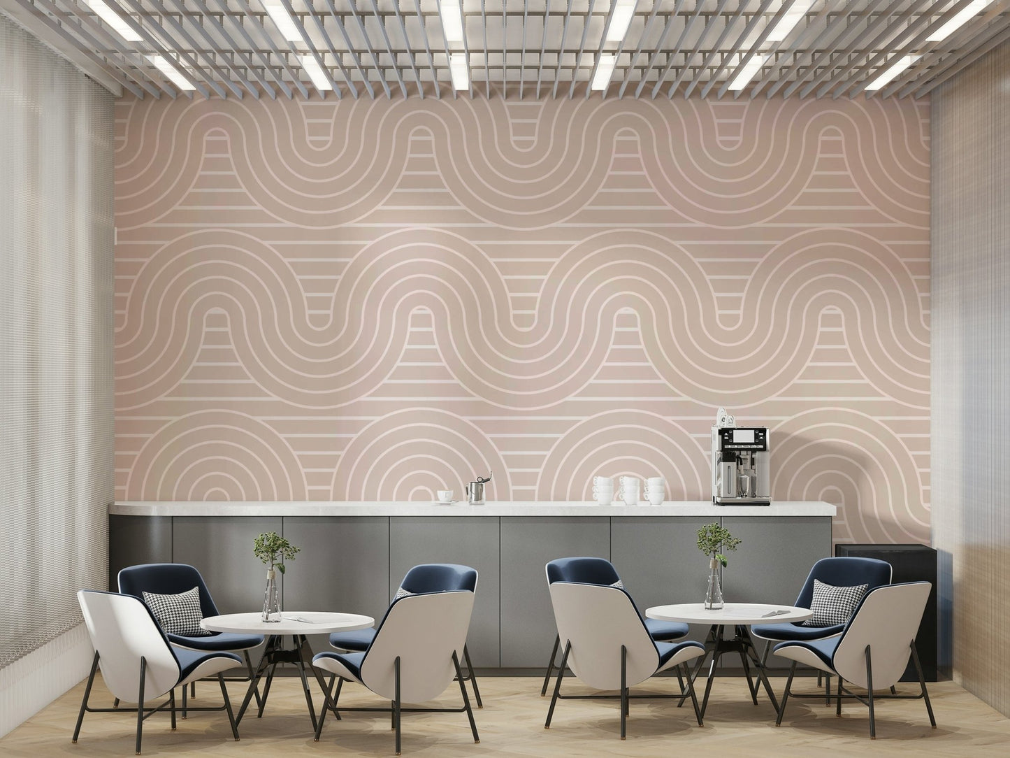 A peaceful wall mural with a modern, arch pattern.

