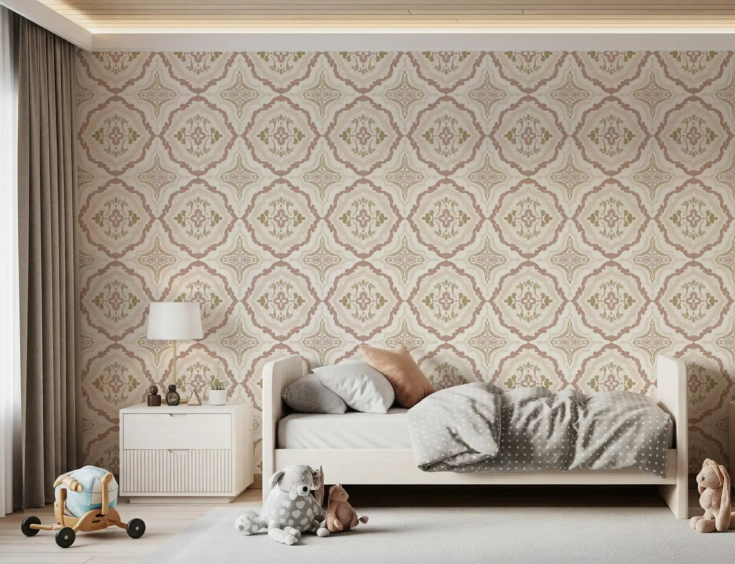Neutral bedroom layered with Soft Sienna Mediterranean Tile Wallpaper
