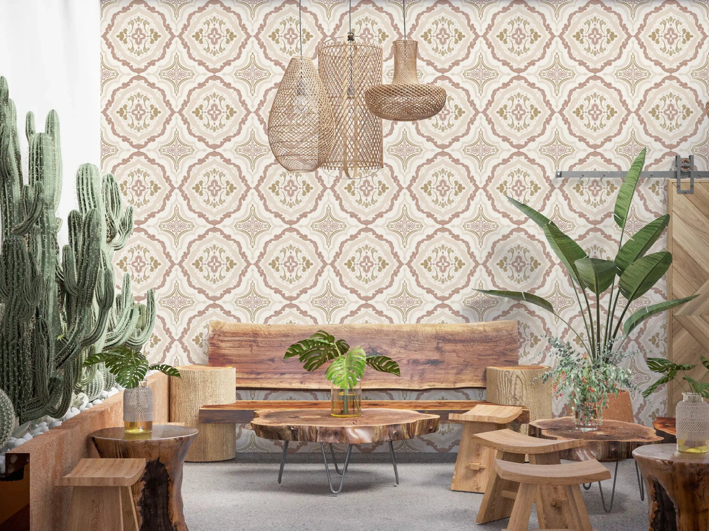 Blush Dining nook with Soft Sienna Mediterranean Tile Wallpaper