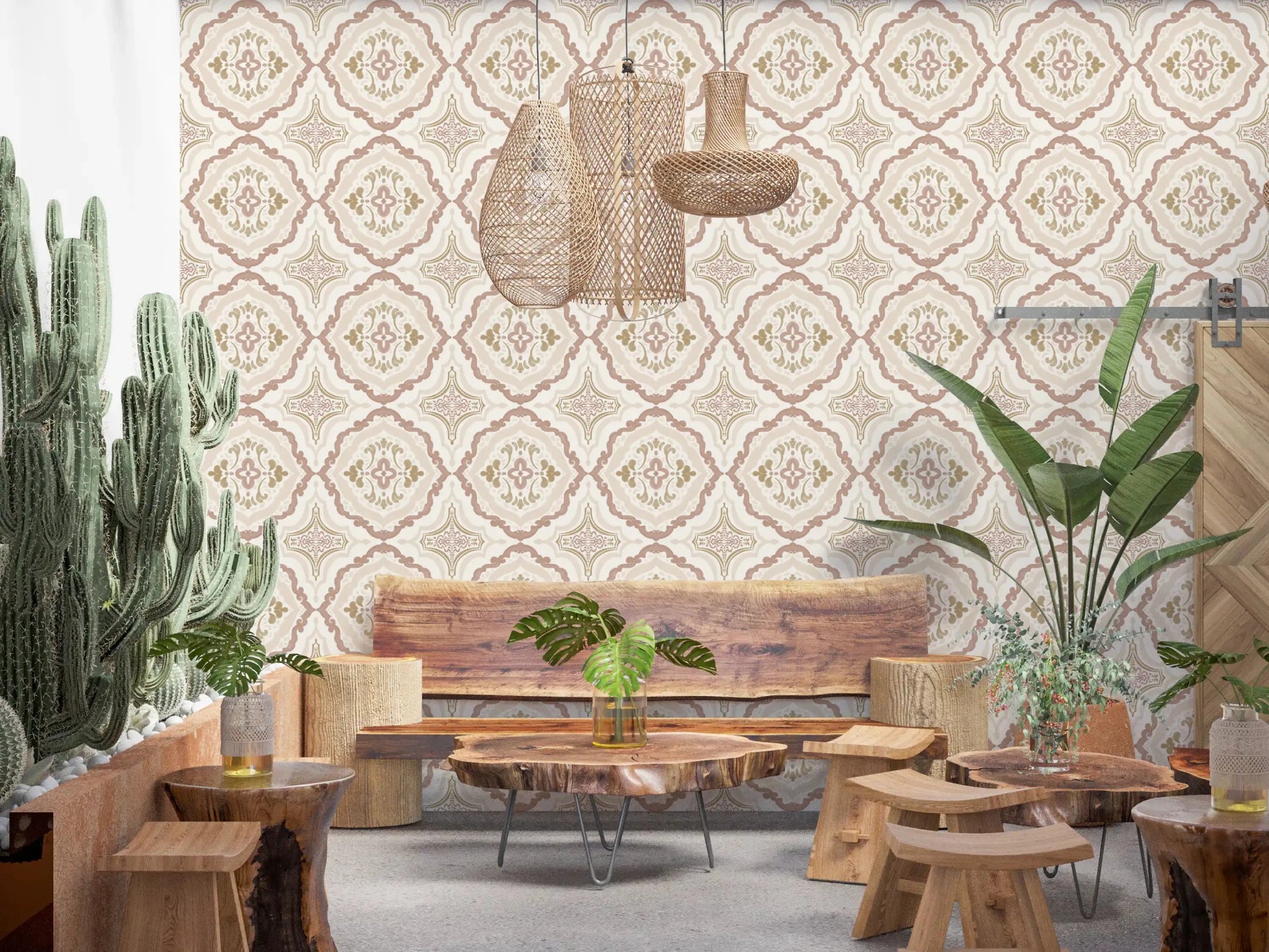Blush Dining nook with Soft Sienna Mediterranean Tile Wallpaper