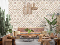 Blush Dining nook with Soft Sienna Mediterranean Tile Wallpaper