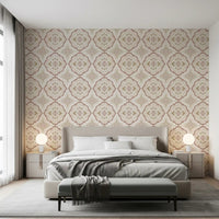 Soft Sienna Mediterranean Tile Wallpaper framing a serene bedroom bed