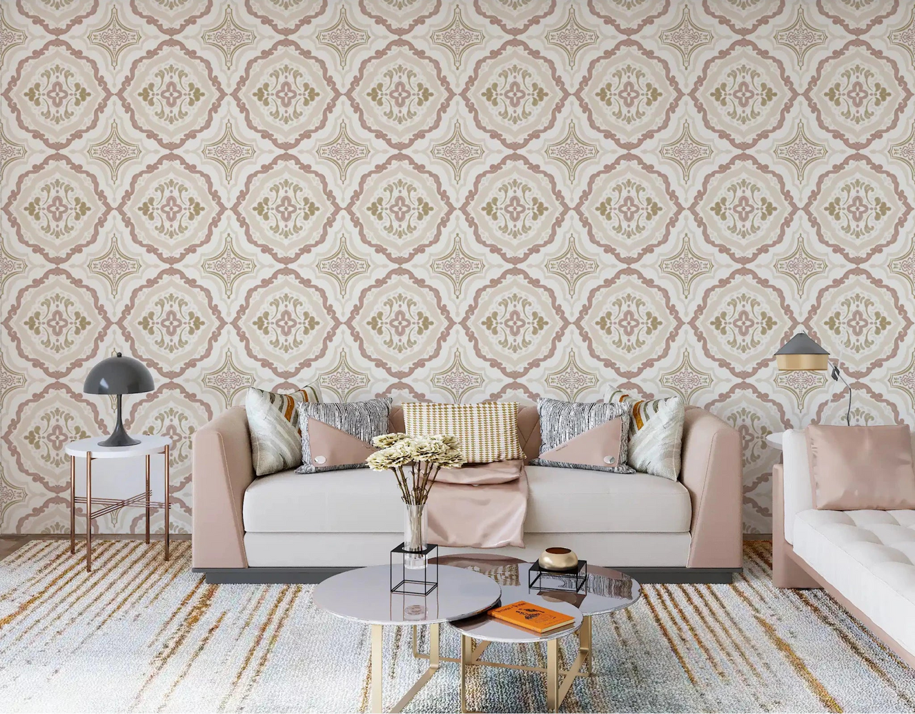 A cozy living room styled with Soft Sienna Mediterranean Tile Wallpaper