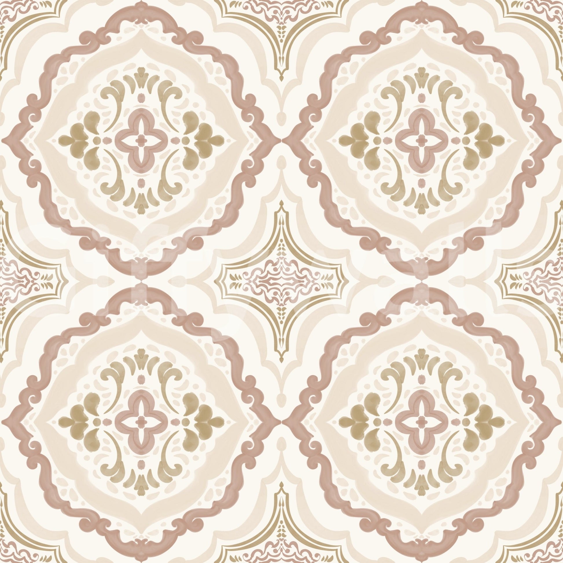 Ornate Soft Sienna Mediterranean Tile Wallpaper in a warm pastel tile pattern