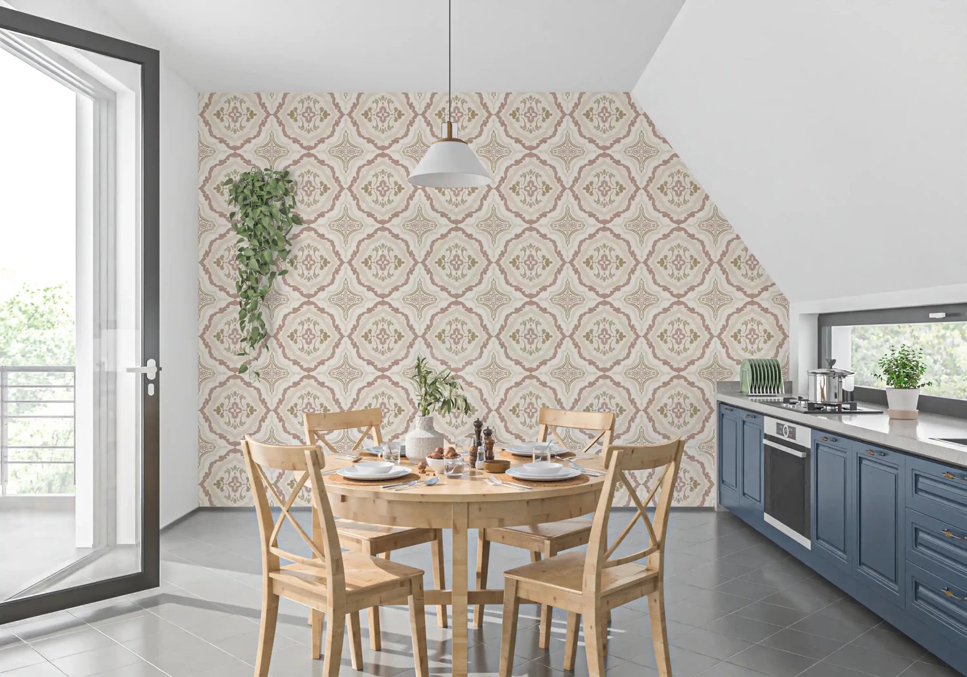 Bright kitchen dressed in Soft Sienna Mediterranean Tile Wallpaper