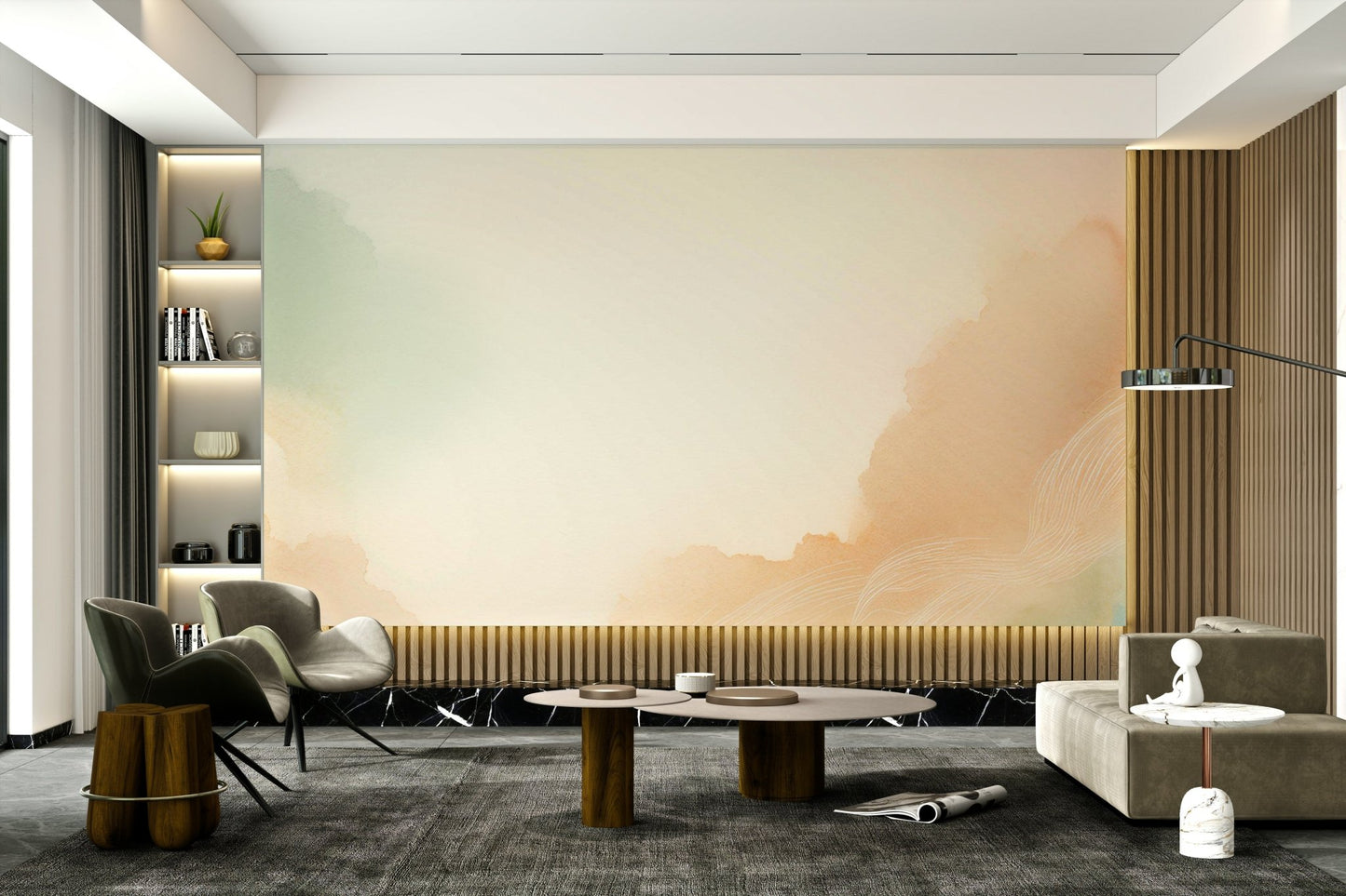 Tranquil blue sky wall mural for calming spaces

