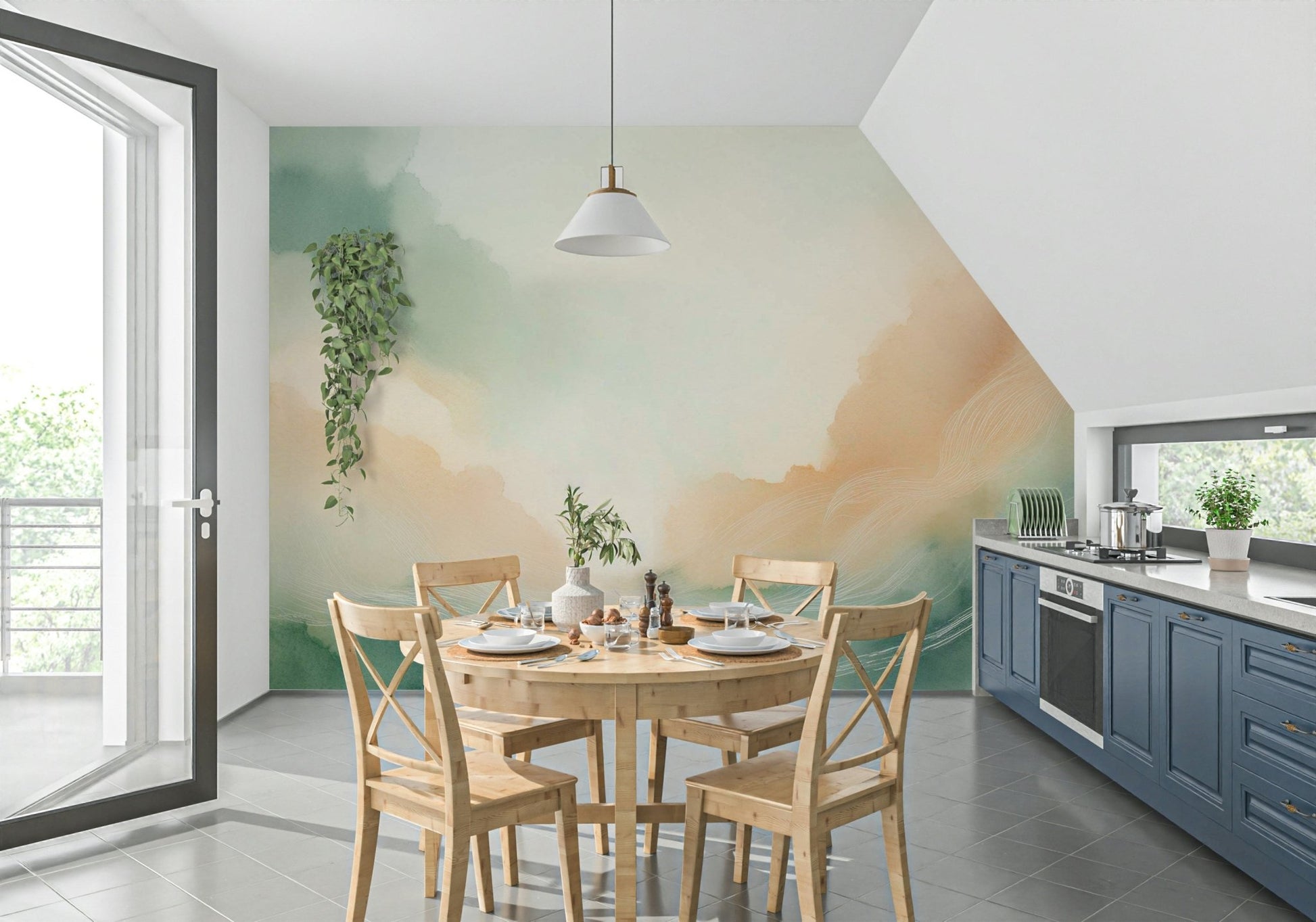 Dreamy pastel blue wall mural for a cozy atmosphere

