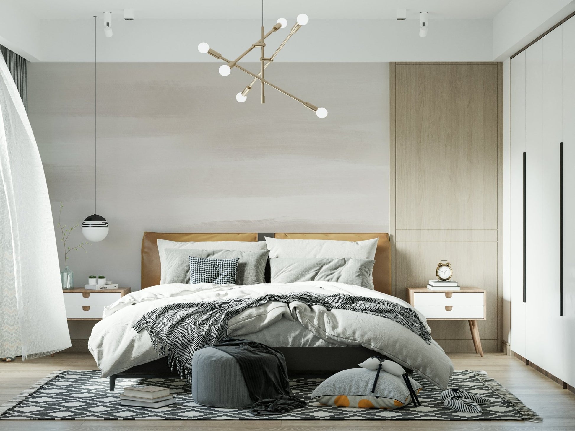 A peaceful modern abstract mural on decorative wallpaper.