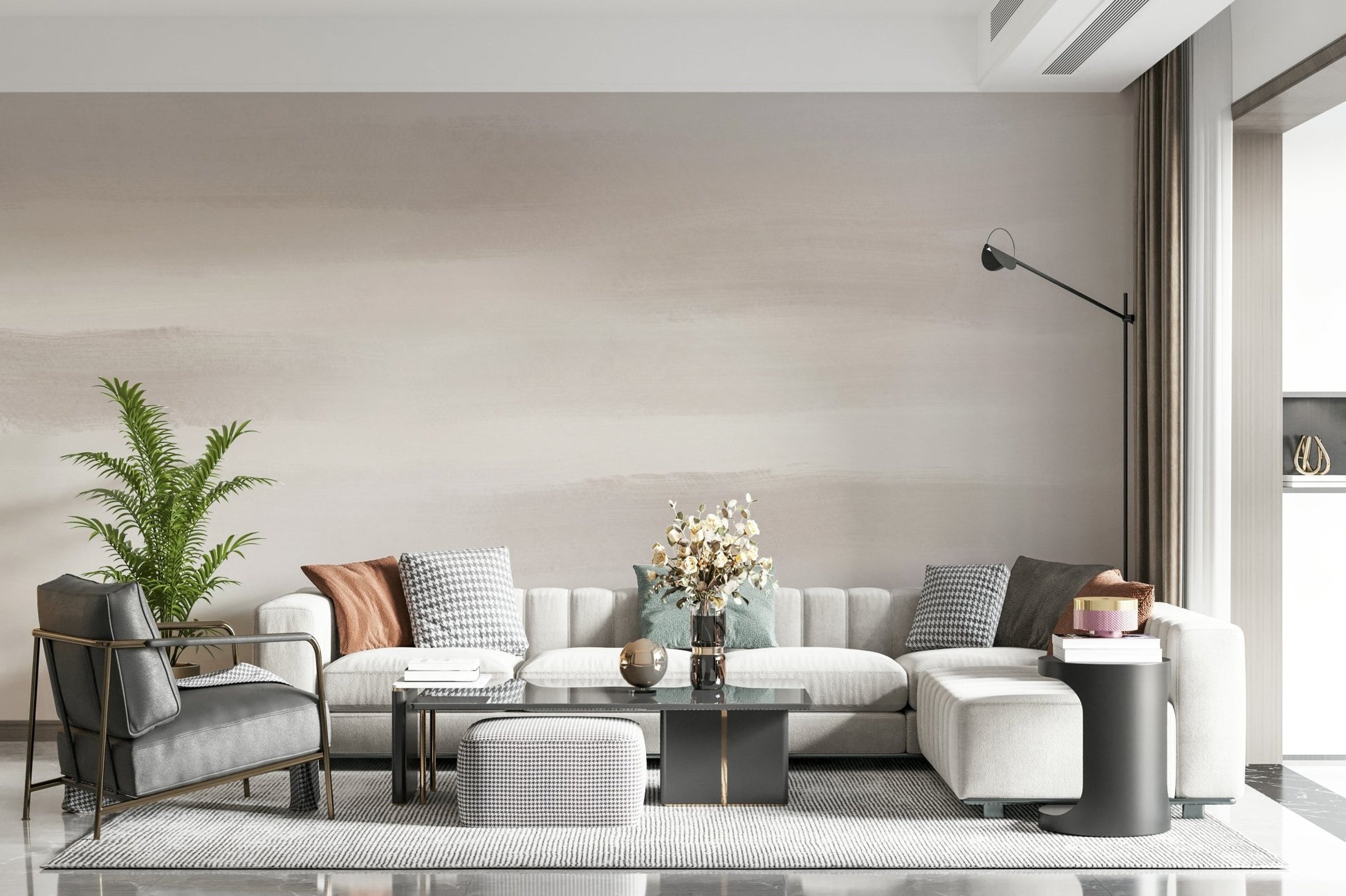 A beautiful soft taupe brushstroke wallpaper mural for a modern home.