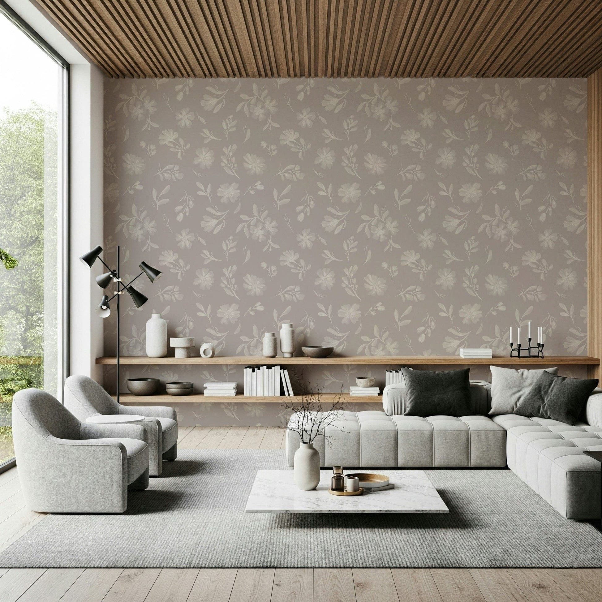 Tossed watercolor repeat covers this Soft Taupe Florals wallpaper GD7419
