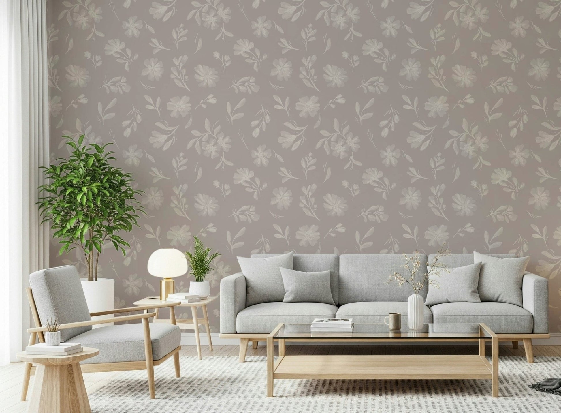 Leaves scatter between the flowers in this Soft Taupe Florals wallpaper GD7419
