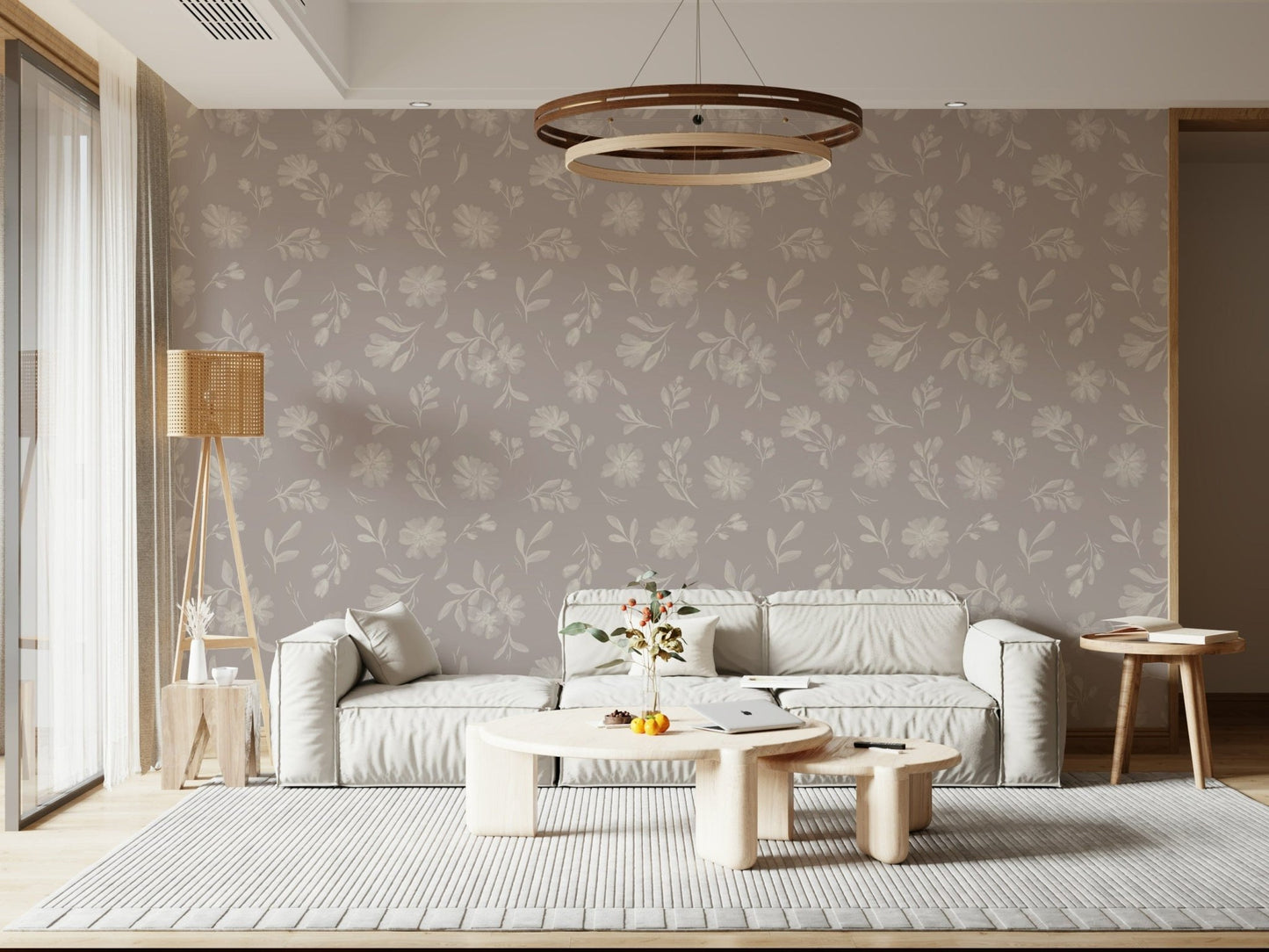 Thin sprigs curve around the buds on this Soft Taupe Florals wallpaper GD7419
