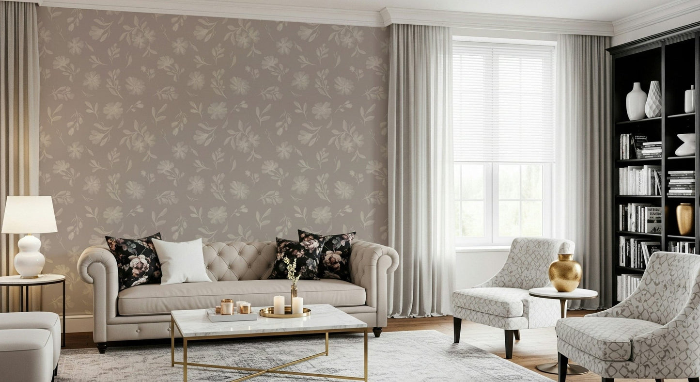 Pale flowers dot the greige surface in this Soft Taupe Florals wallpaper GD7419
