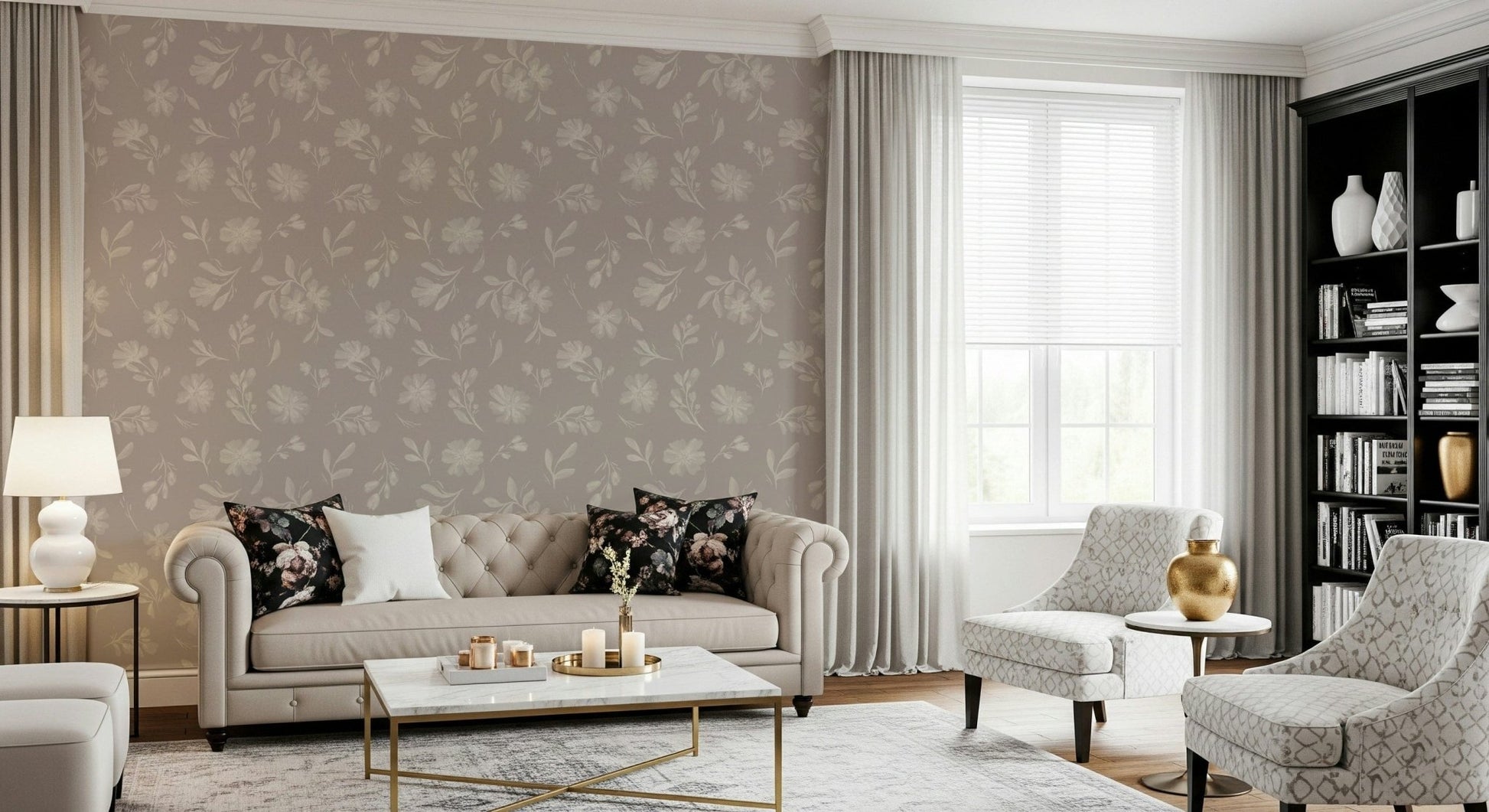 Pale flowers dot the greige surface in this Soft Taupe Florals wallpaper GD7419
