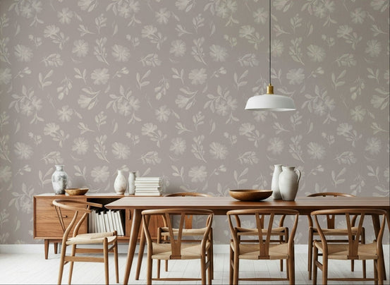 Soft Taupe Florals wallpaper showing cream blooms on a taupe ground GD7419
