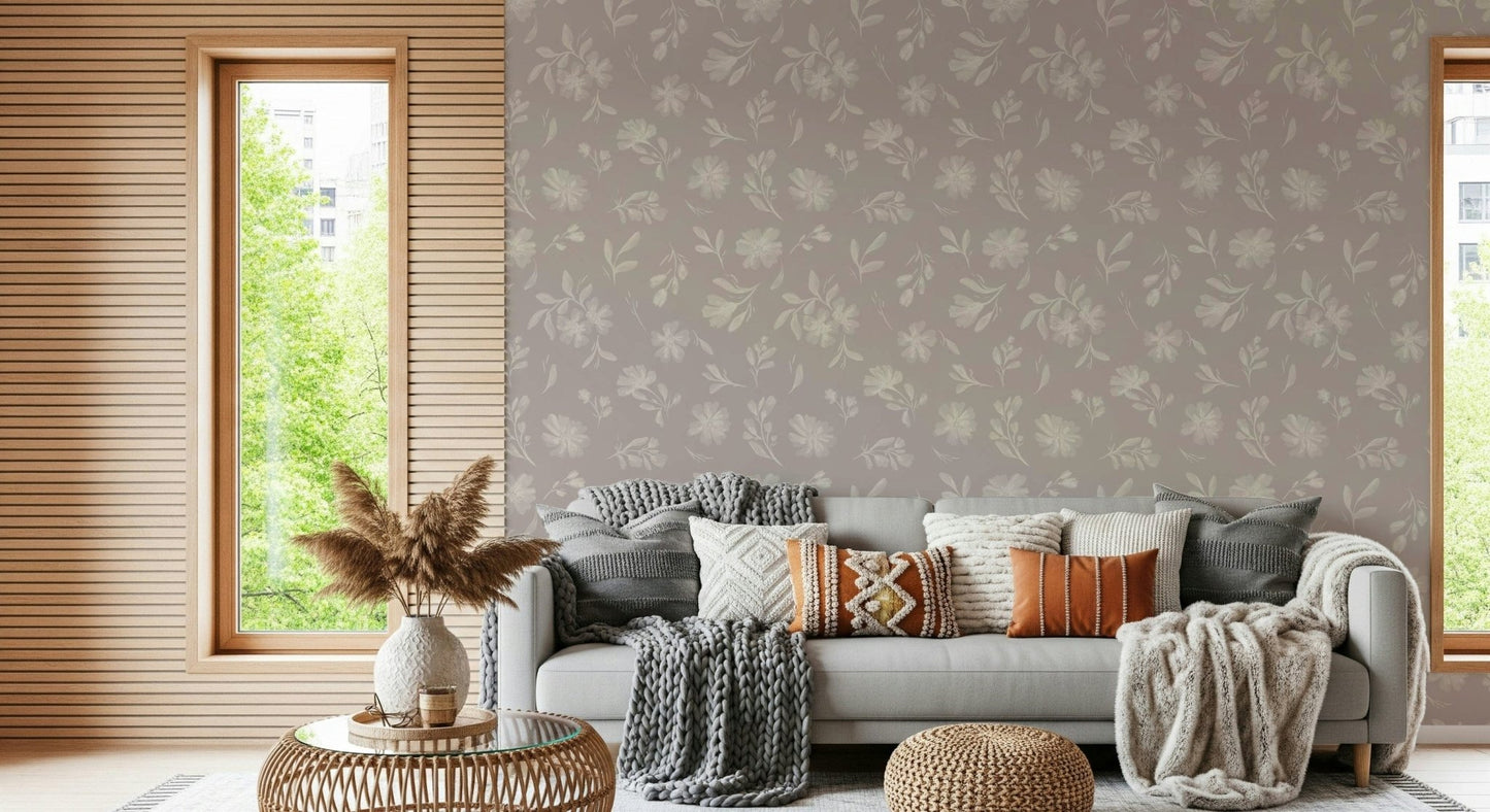 Soft Taupe Florals wallpaper blending pale flowers with a greige tone GD7419
