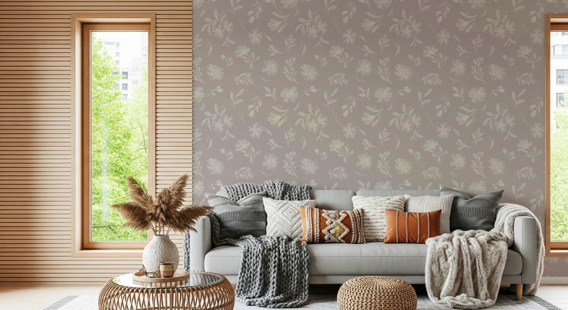 Soft Taupe Florals wallpaper blending pale flowers with a greige tone GD7419

