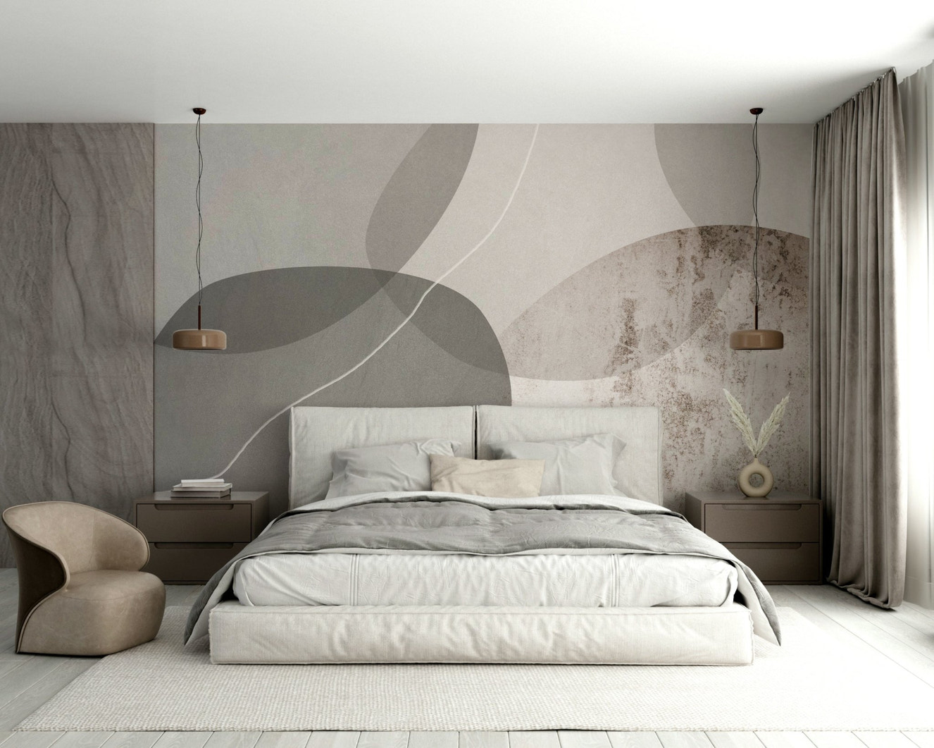 An elegant wall mural with a soft abstract design.

