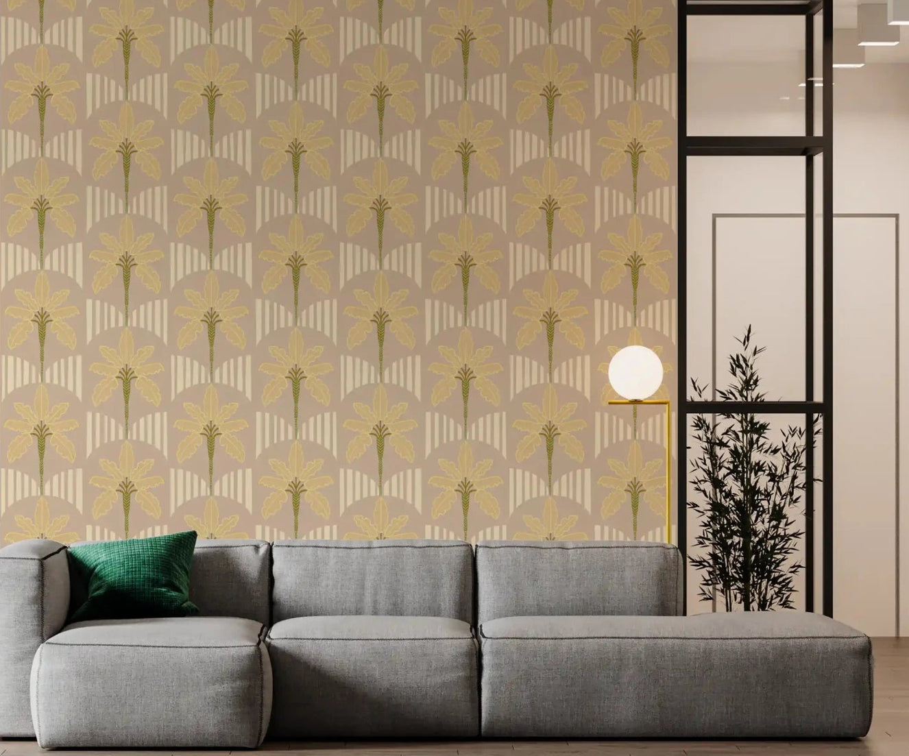 A modern living room paired with a feature in Soft Tropical Sway wallpaper