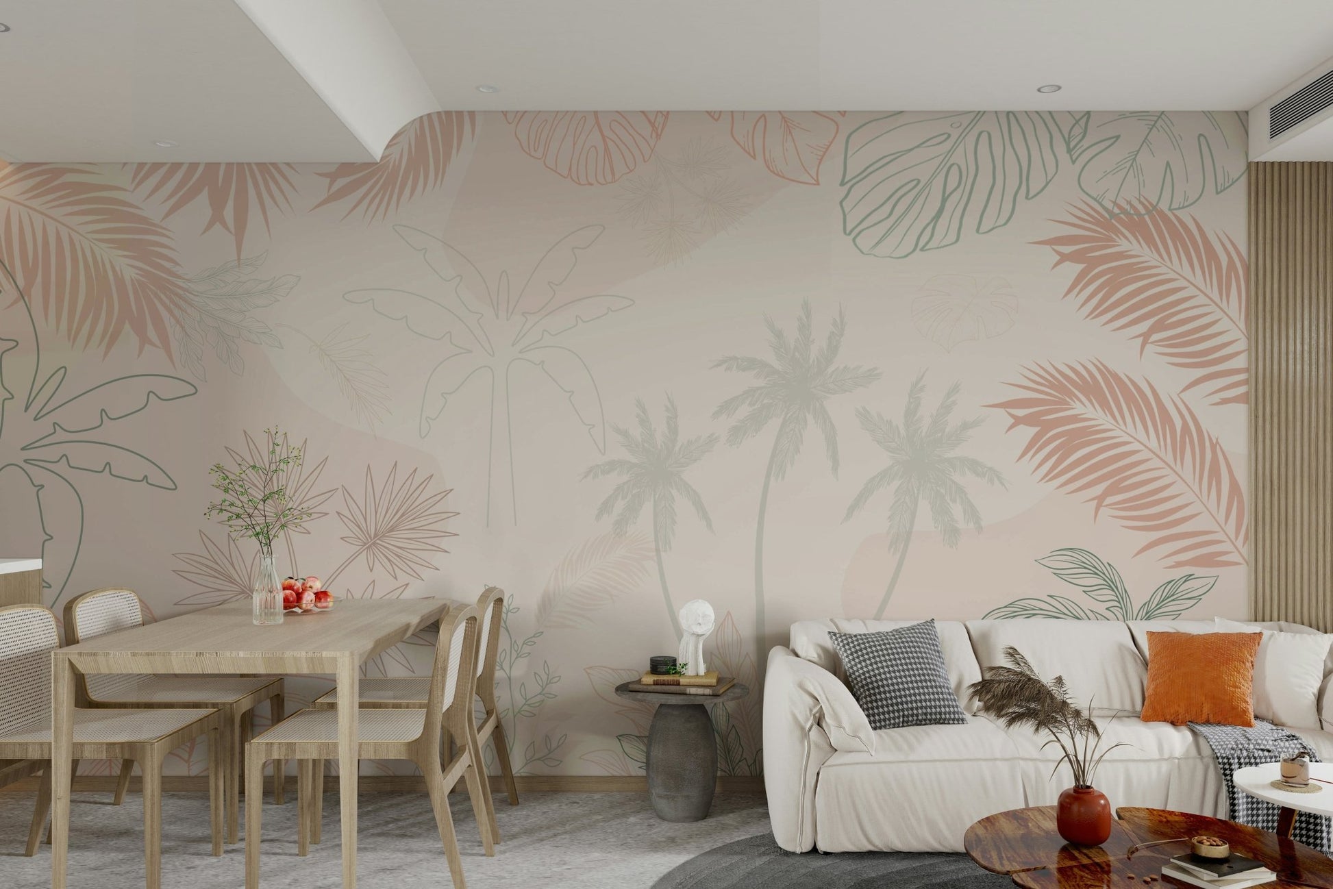 A peaceful wall mural with a tropical leaf pattern.

