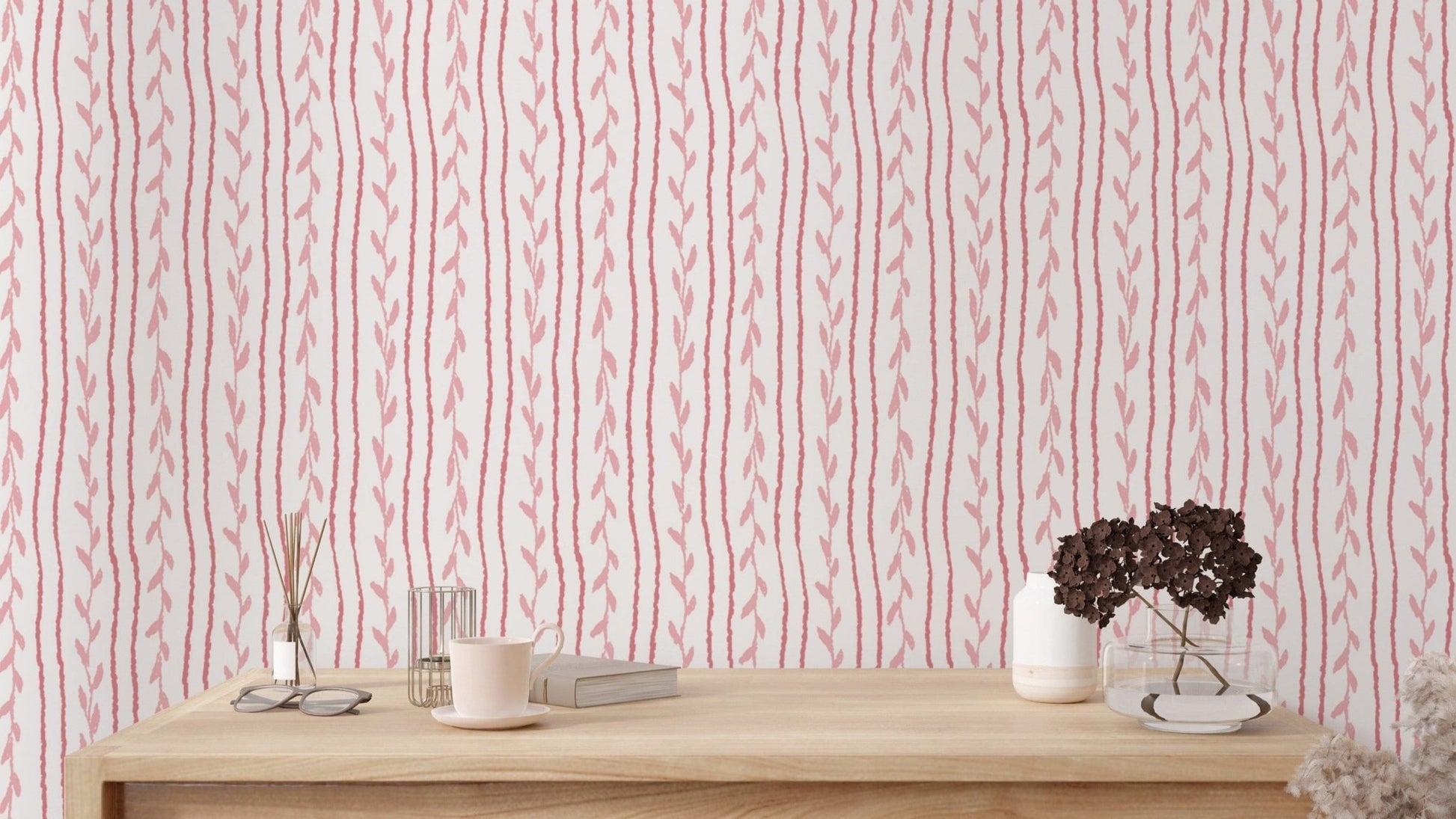 Artistic pink soft vines wallpaper for unique wall accents.
