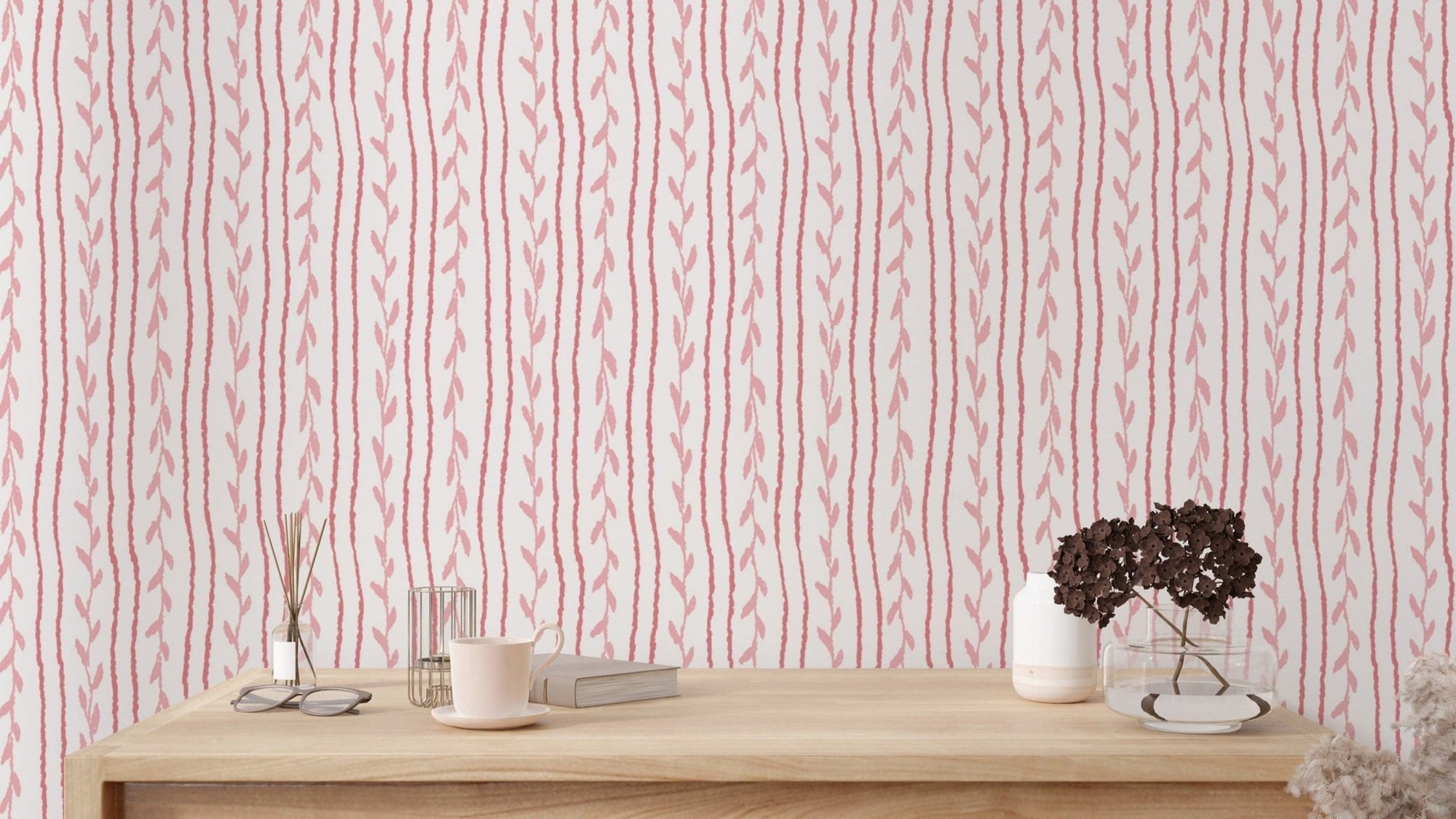 Artistic pink soft vines wallpaper for unique wall accents. RNM83
