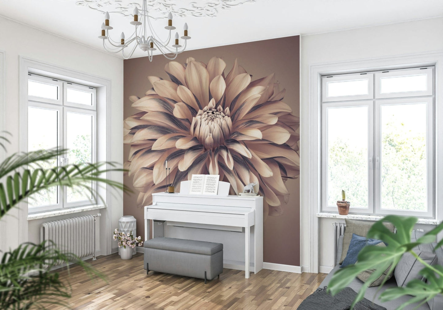 Soft Vintage Dahlia Wall Mural used as a backdrop in a modern flat wallpaper., GD7692