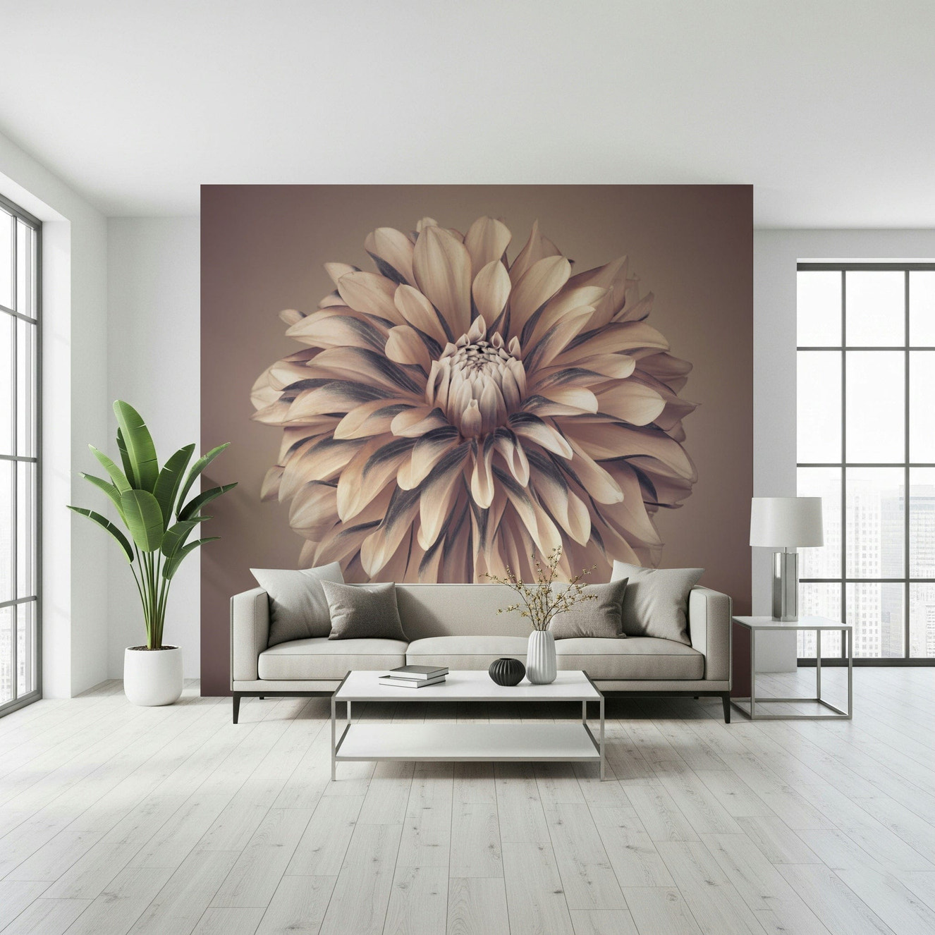 Soft Vintage Dahlia Wall Mural in a master bedroom with velvet pillows wallpaper.