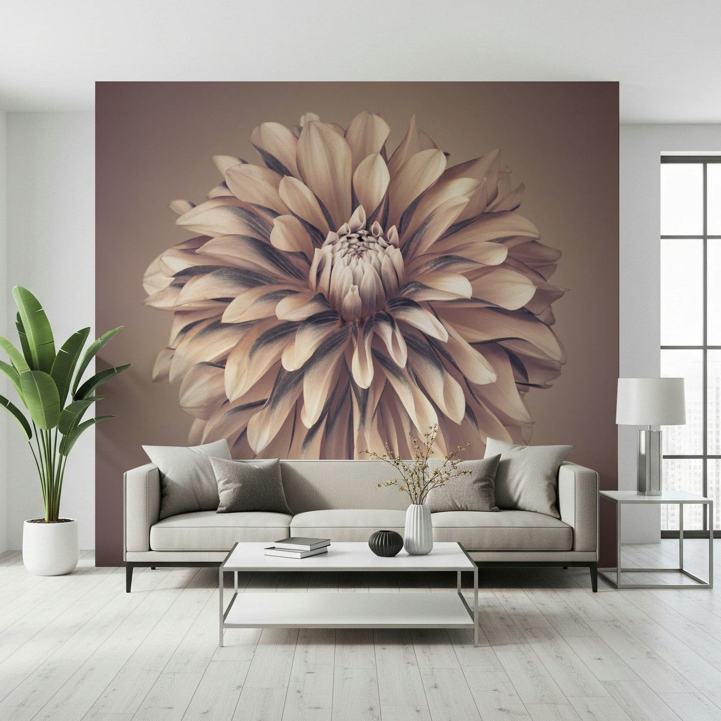 Soft Vintage Dahlia Wall Mural in a master bedroom with velvet pillows wallpaper., GD7692
