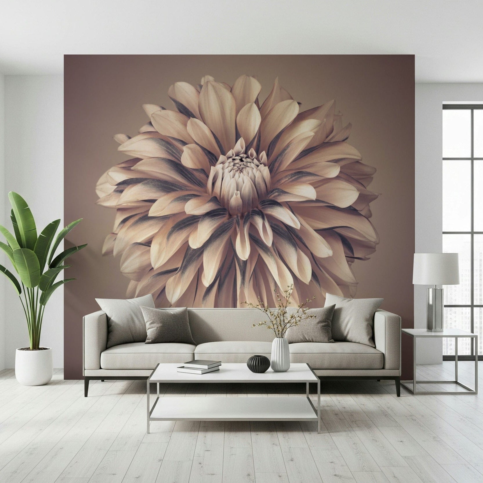 Soft Vintage Dahlia Wall Mural in a master bedroom with velvet pillows wallpaper., GD7692