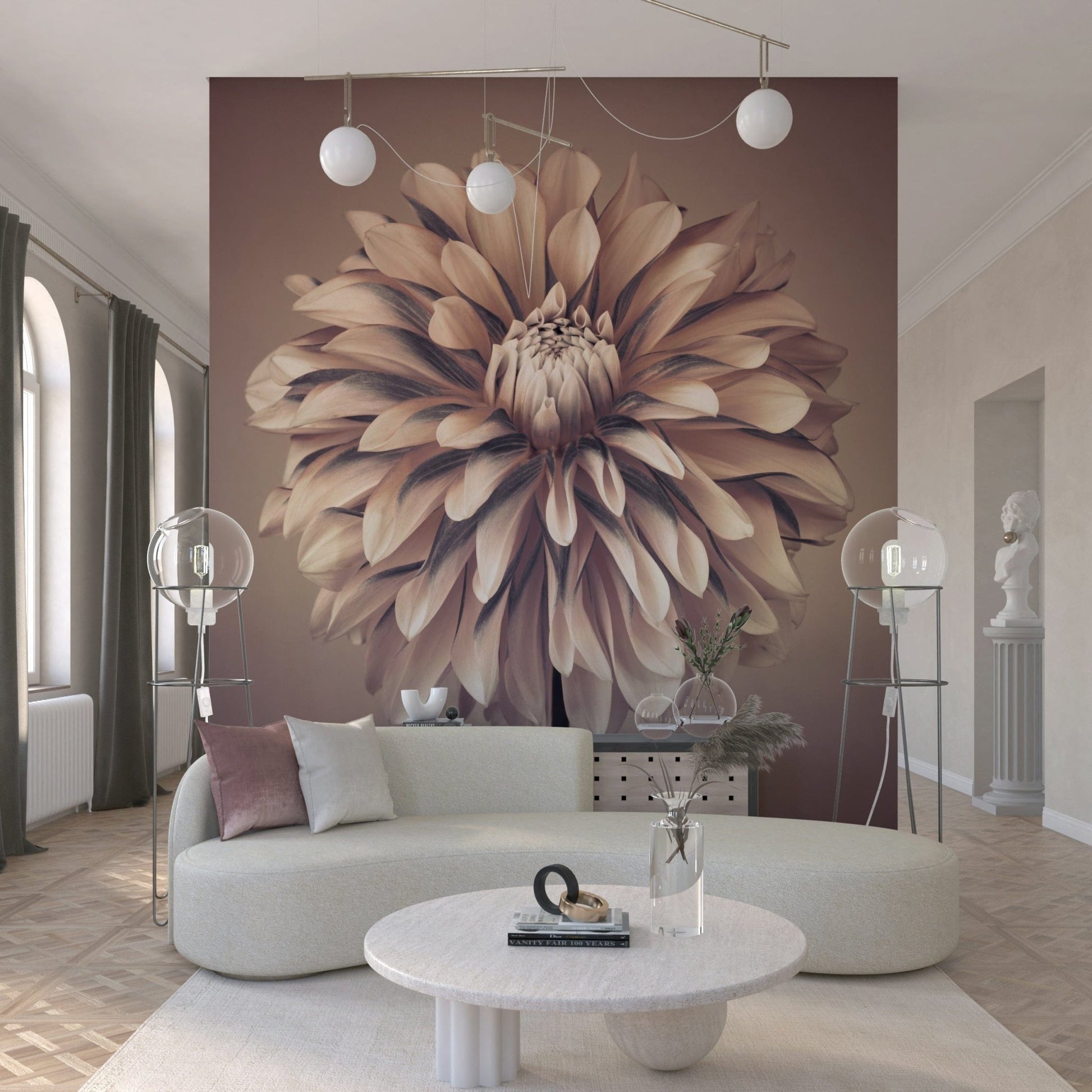 Elegant dahlia flower wall mural for a sophisticated dining area wallpaper., GD7692