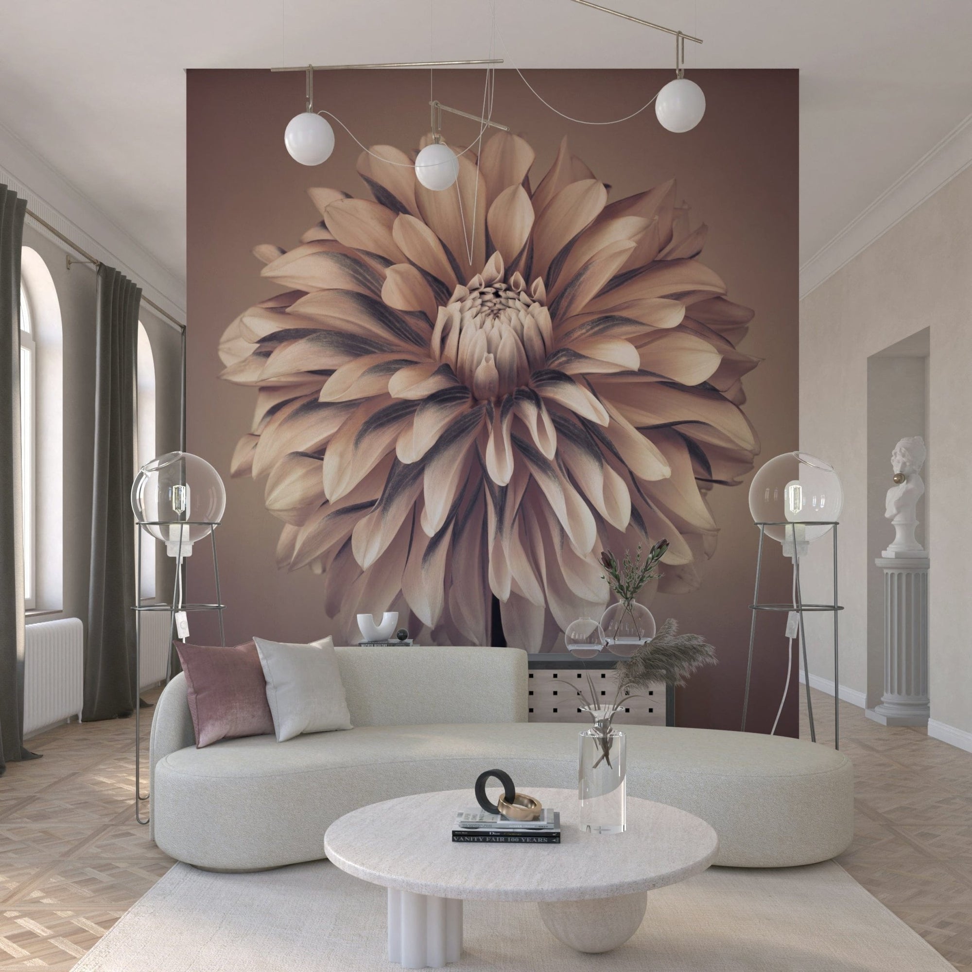 Elegant dahlia flower wall mural for a sophisticated dining area wallpaper., GD7692