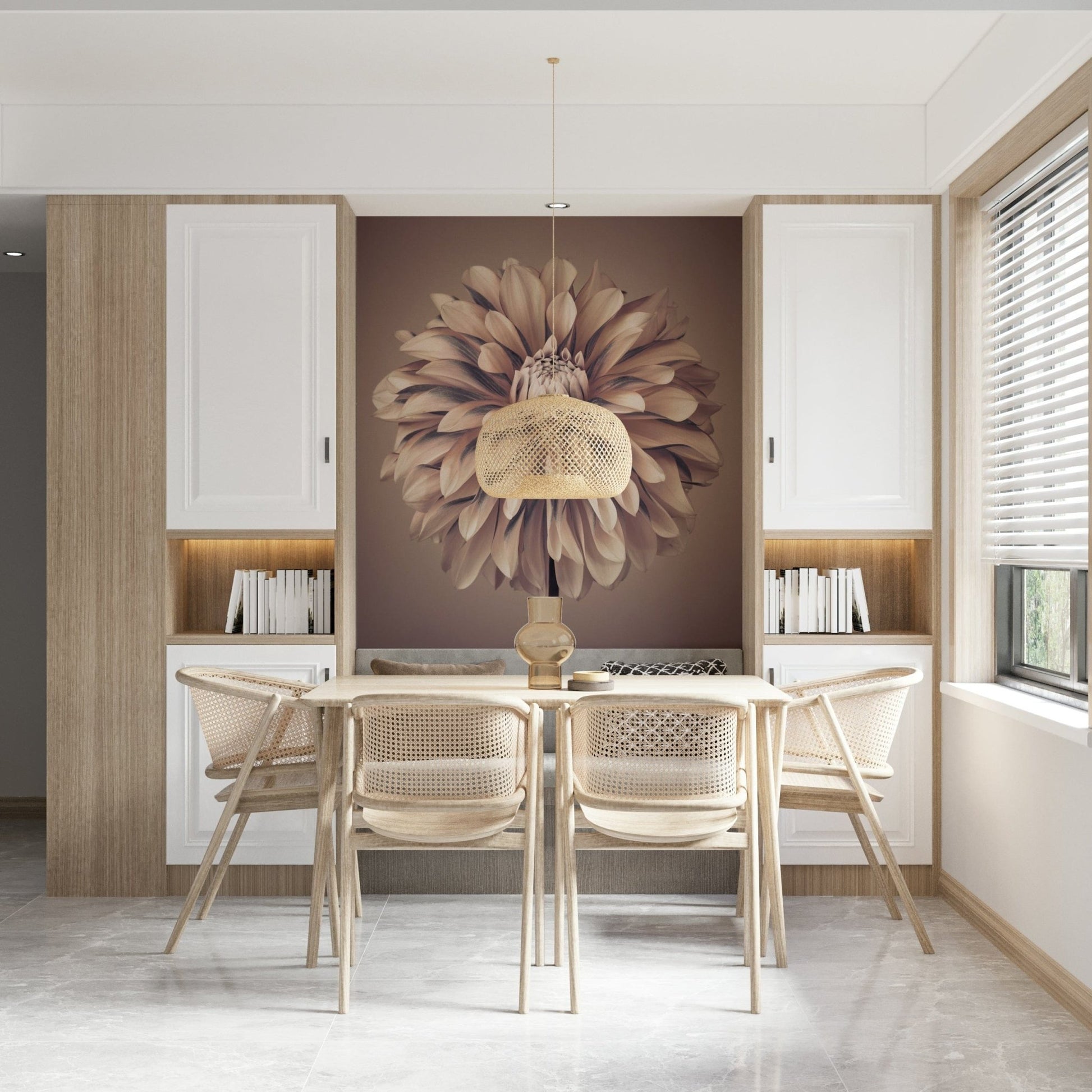 Soft Vintage Dahlia Wall Mural in a professional home office setting wallpaper., GD7692