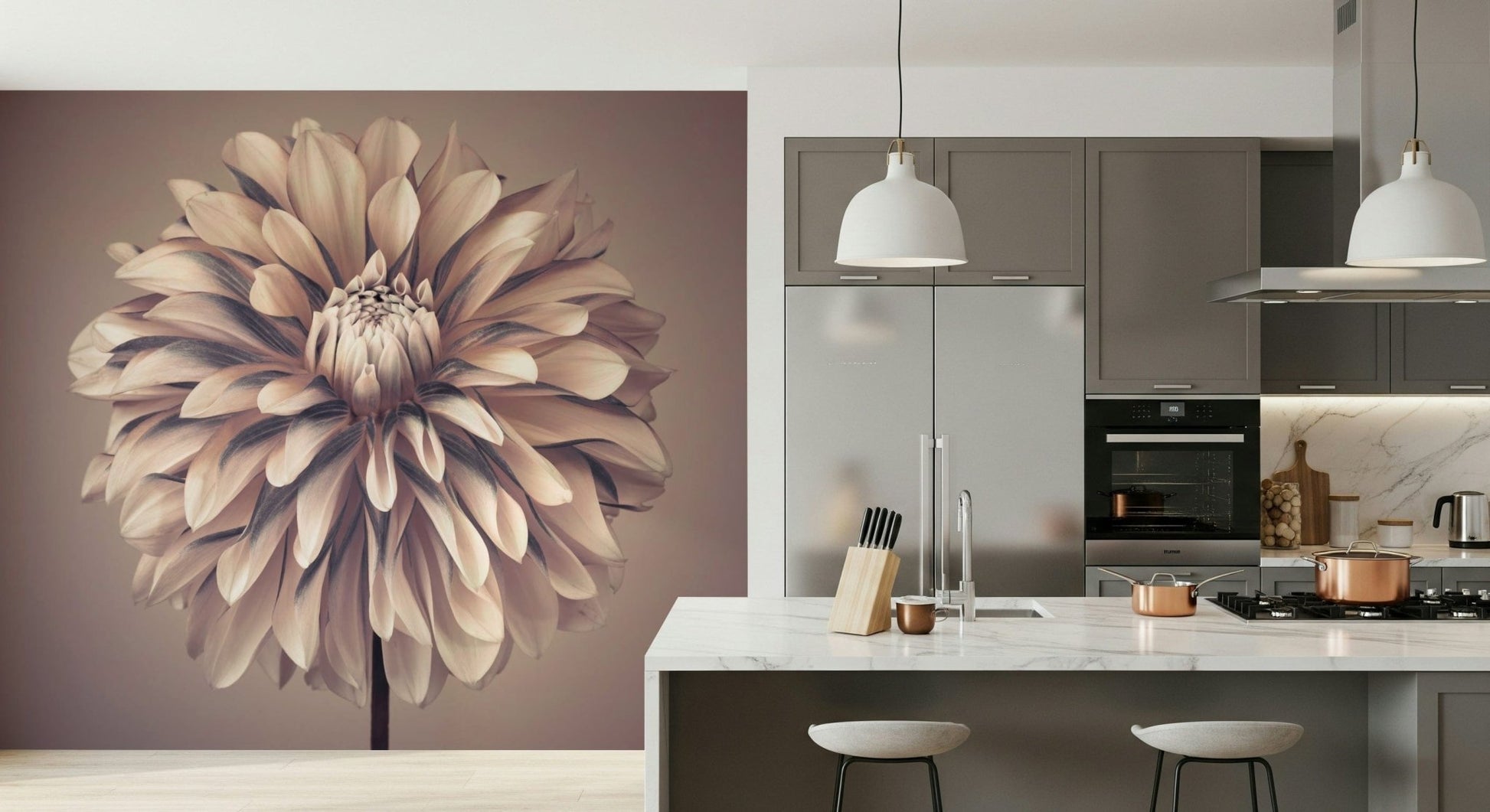 Soft Vintage Dahlia Wall Mural behind a classic vanity in a dressing room wallpaper., GD7692