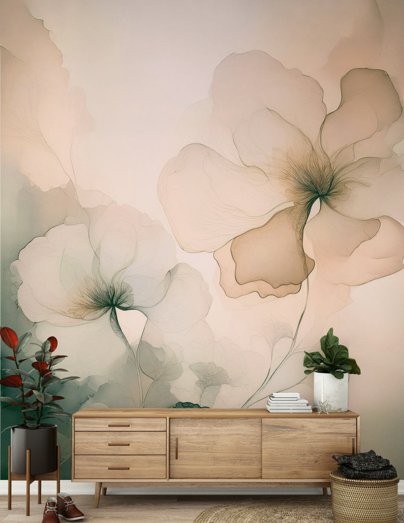 Modern bedroom featuring the captivating Soft Whispering Petals Wall Mural.