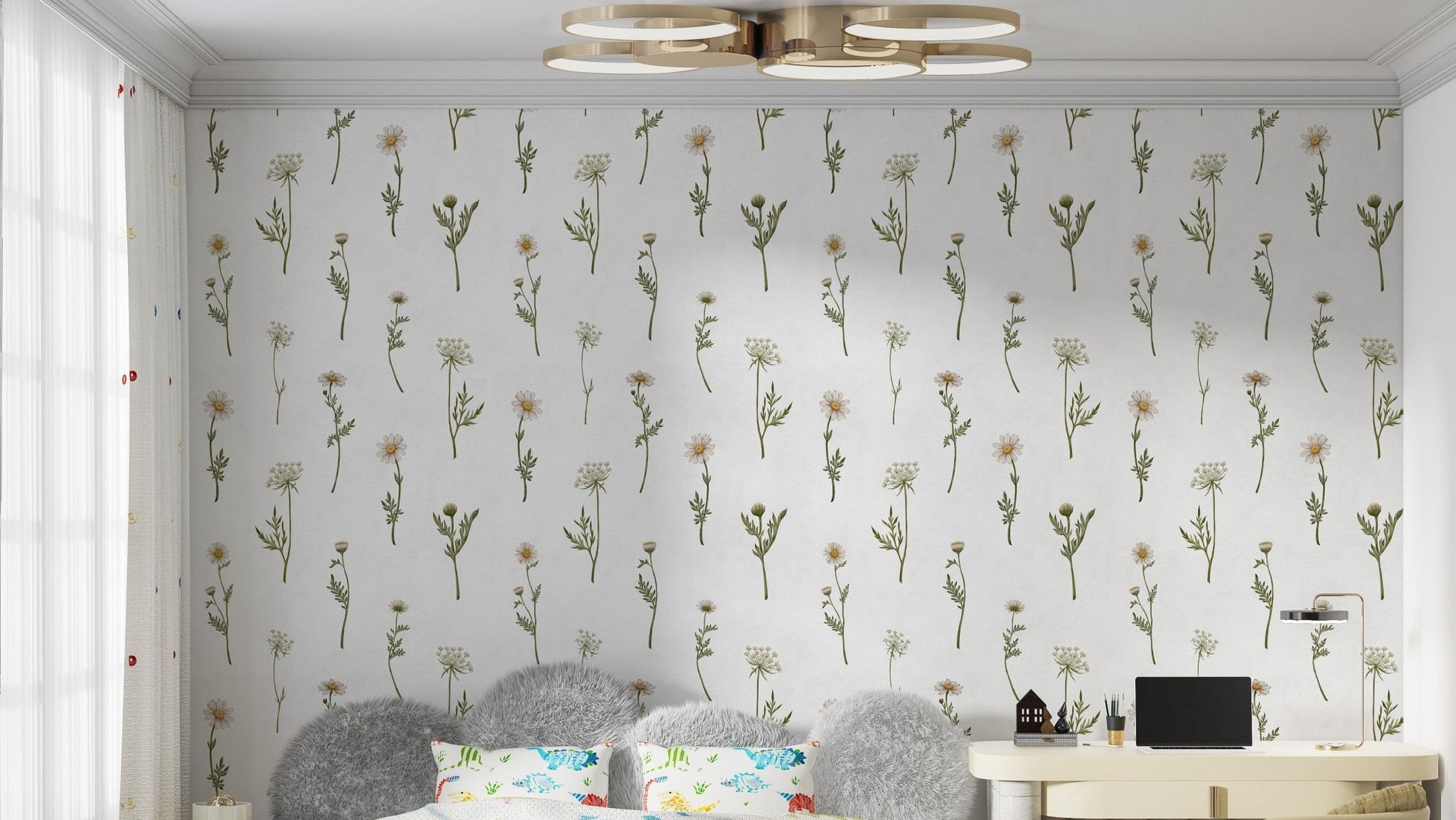 Soft white floral wallpaper for bedrooms
