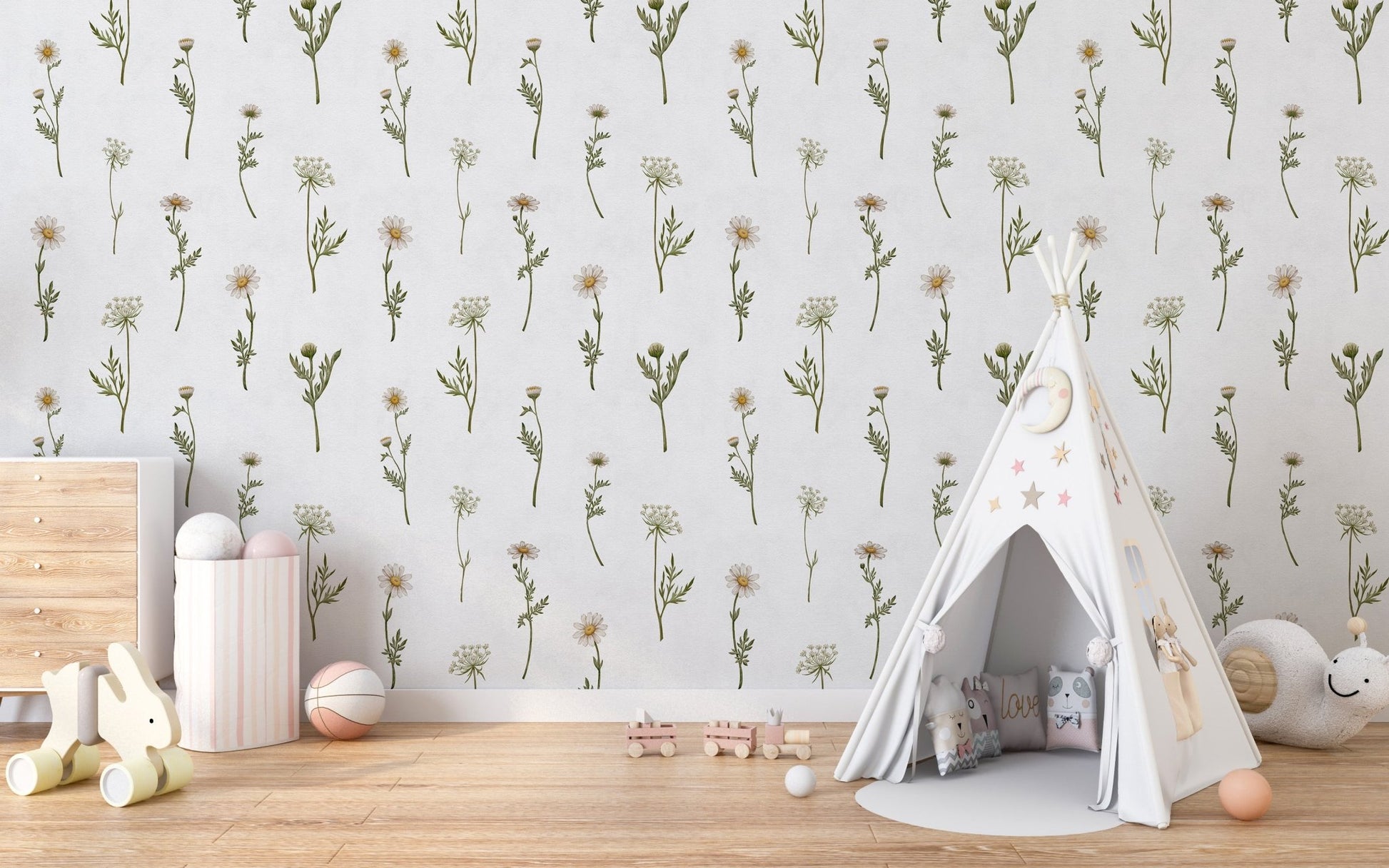 White botanical wallpaper for interiors

